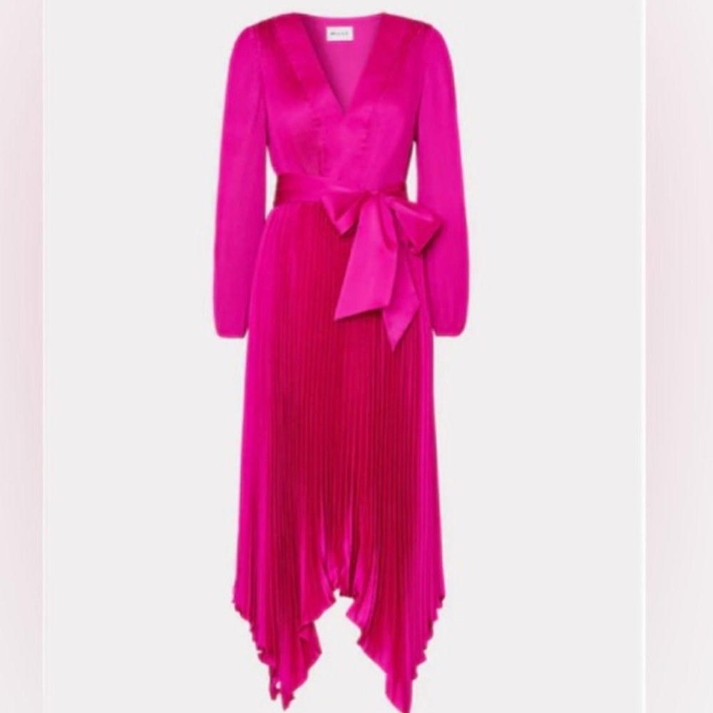 Milly Liora Satin long sleeved pleated dress in Fuchsia